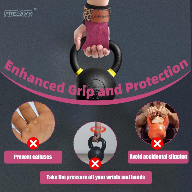 Frelaxy Lifting Wrist Straps Women and Men, Weight Lifting Grips with Cushion Wrist Loop, Double Layer Leather and Storage Pouch, Gym Workout Straps for Deadlift and Powerlifting (Purple/Leopard) - Image 3