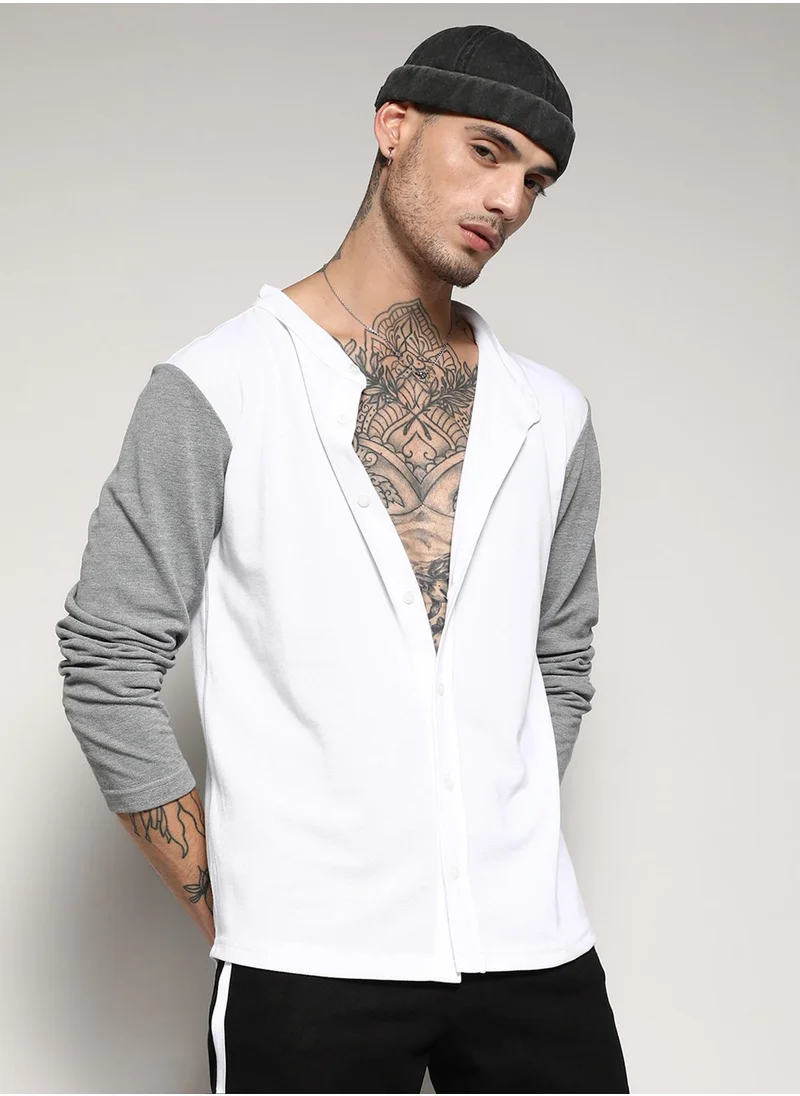 Campus Sutra Campus Sutra Men's White & Grey Colourblocked Button Up Regular Fit Regular Fit Shirt For Casual Wear | Cotton Shirt Crafted With Regular Sleeve, Comfort Fit & High-Performance For Everyday Wear