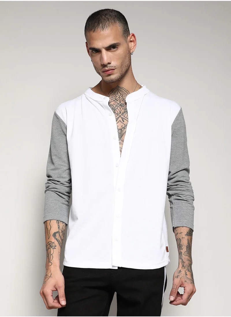 Campus Sutra Campus Sutra Men's White & Grey Colourblocked Button Up Regular Fit Regular Fit Shirt For Casual Wear | Cotton Shirt Crafted With Regular Sleeve, Comfort Fit & High-Performance For Everyday Wear