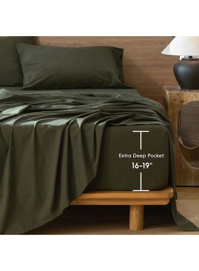 MooMee Fitted Bottom Sheet Only 100% Washed Cotton Linen Like Textured Breathable Durable Soft Comfy Deep Pocket Fits Mattress up to 17" (Olive Green, Twin) - Image 2