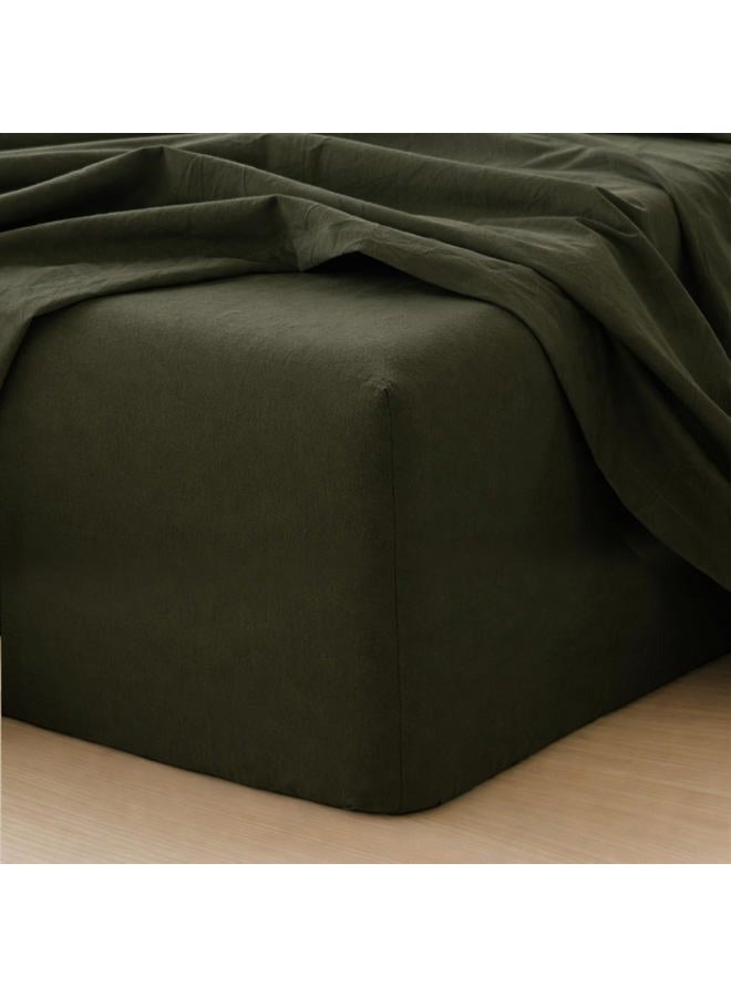 MooMee Fitted Bottom Sheet Only 100% Washed Cotton Linen Like Textured Breathable Durable Soft Comfy Deep Pocket Fits Mattress up to 17" (Olive Green, Twin) - Image 1