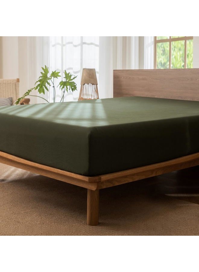 MooMee Fitted Bottom Sheet Only 100% Washed Cotton Linen Like Textured Breathable Durable Soft Comfy Deep Pocket Fits Mattress up to 17" (Olive Green, Twin) - Image 4