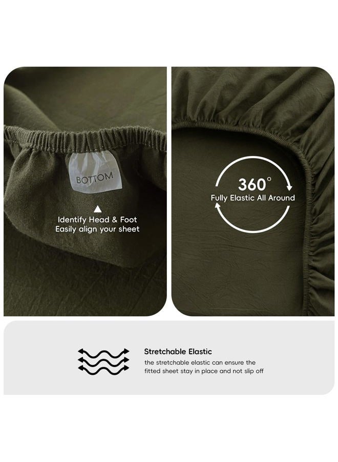 MooMee Fitted Bottom Sheet Only 100% Washed Cotton Linen Like Textured Breathable Durable Soft Comfy Deep Pocket Fits Mattress up to 17" (Olive Green, Twin) - Image 3