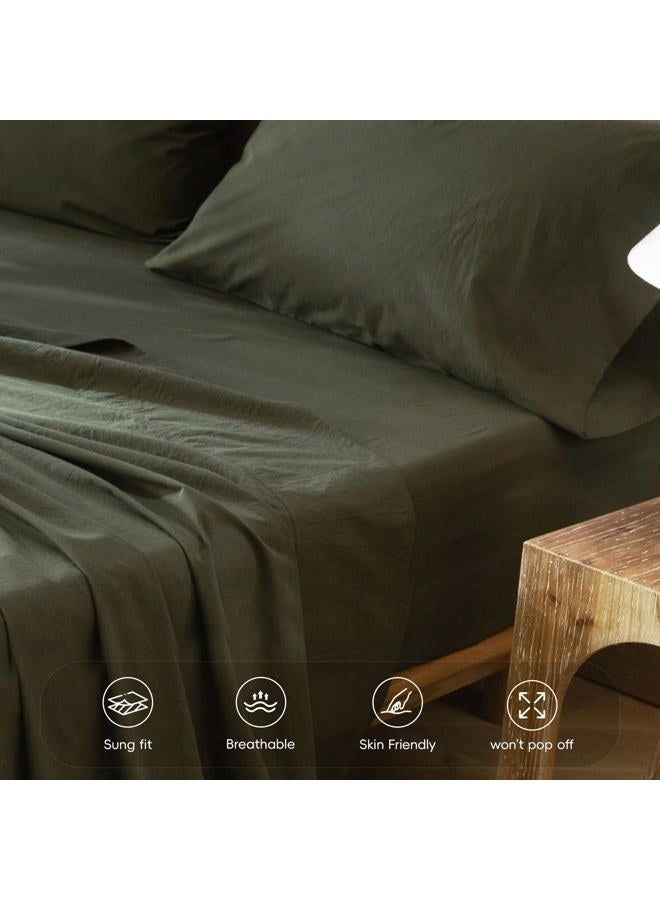 MooMee Fitted Bottom Sheet Only 100% Washed Cotton Linen Like Textured Breathable Durable Soft Comfy Deep Pocket Fits Mattress up to 17" (Olive Green, Twin) - Image 5