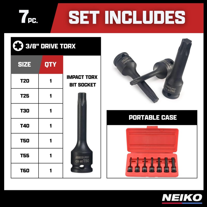 NEIKO 01132B 3/8â€ Drive Torx Star Driver Bit Socket Set | 7 Piece | T20 to T60 | 3â€ Length | Cr-Mo Impact Grade - Image 5