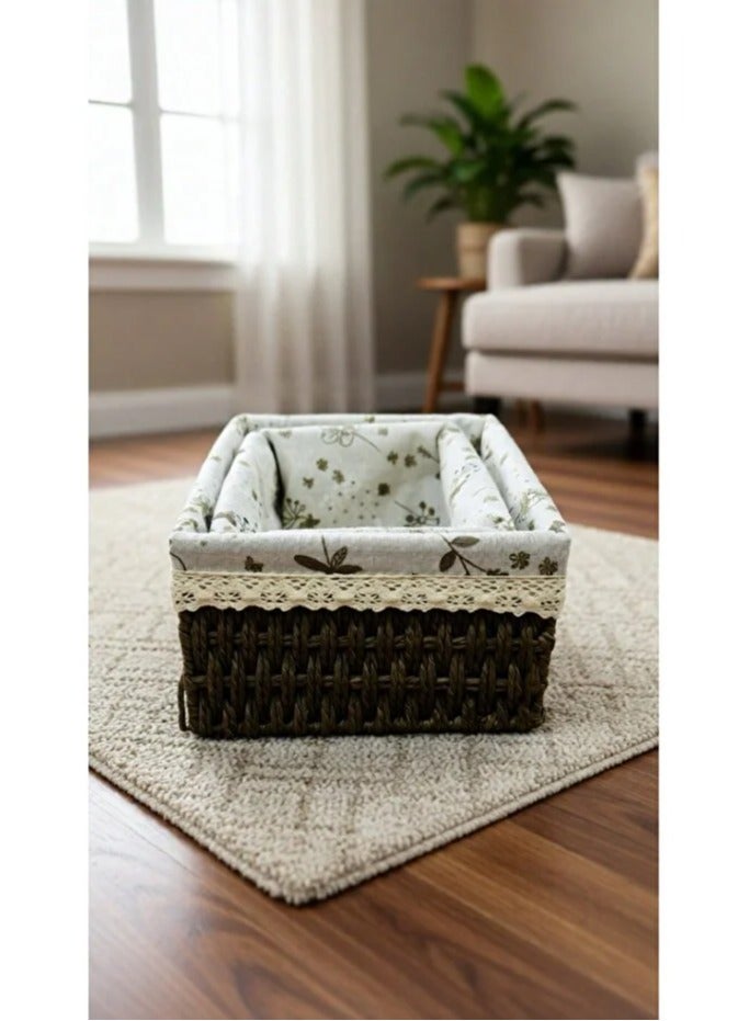 طقم سلال من القش المنسوج من قطعتين مع بطانة من القماش - تصميم ريفي أنيق - Image 1