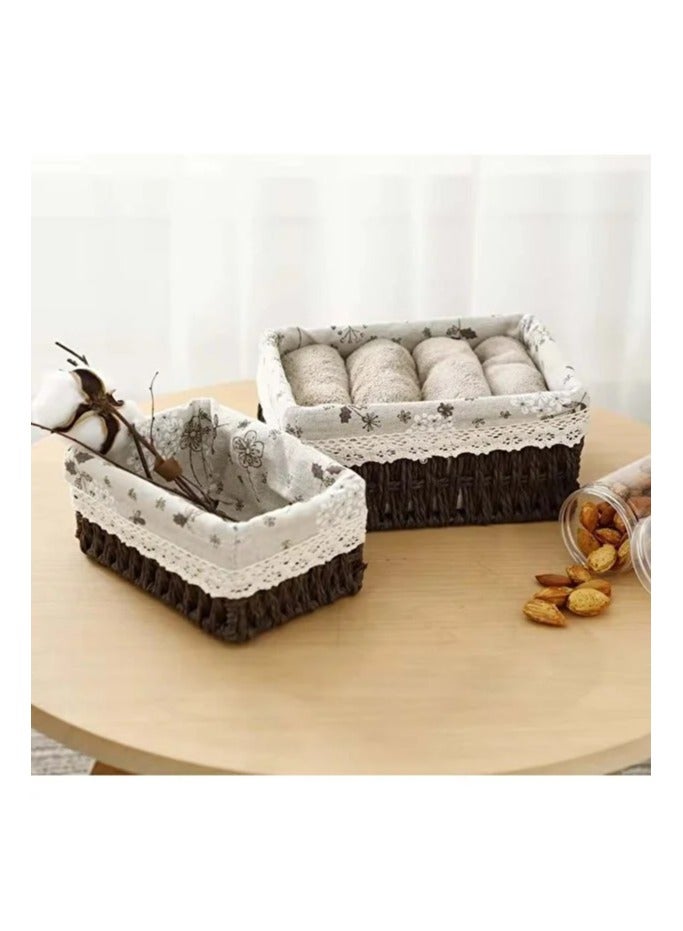 طقم سلال من القش المنسوج من قطعتين مع بطانة من القماش - تصميم ريفي أنيق - Image 2