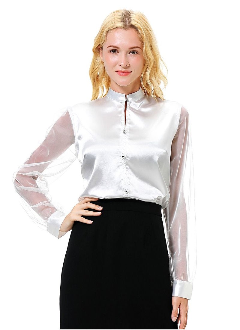 إسكدنيا - Women's Solid Color Imitated Silk Fabric Long Sleeve Blouse Shirt White - Image 1