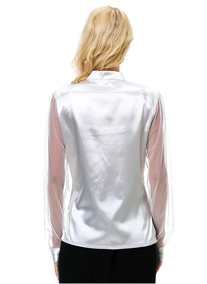 إسكدنيا - Women's Solid Color Imitated Silk Fabric Long Sleeve Blouse Shirt White - Image 1
