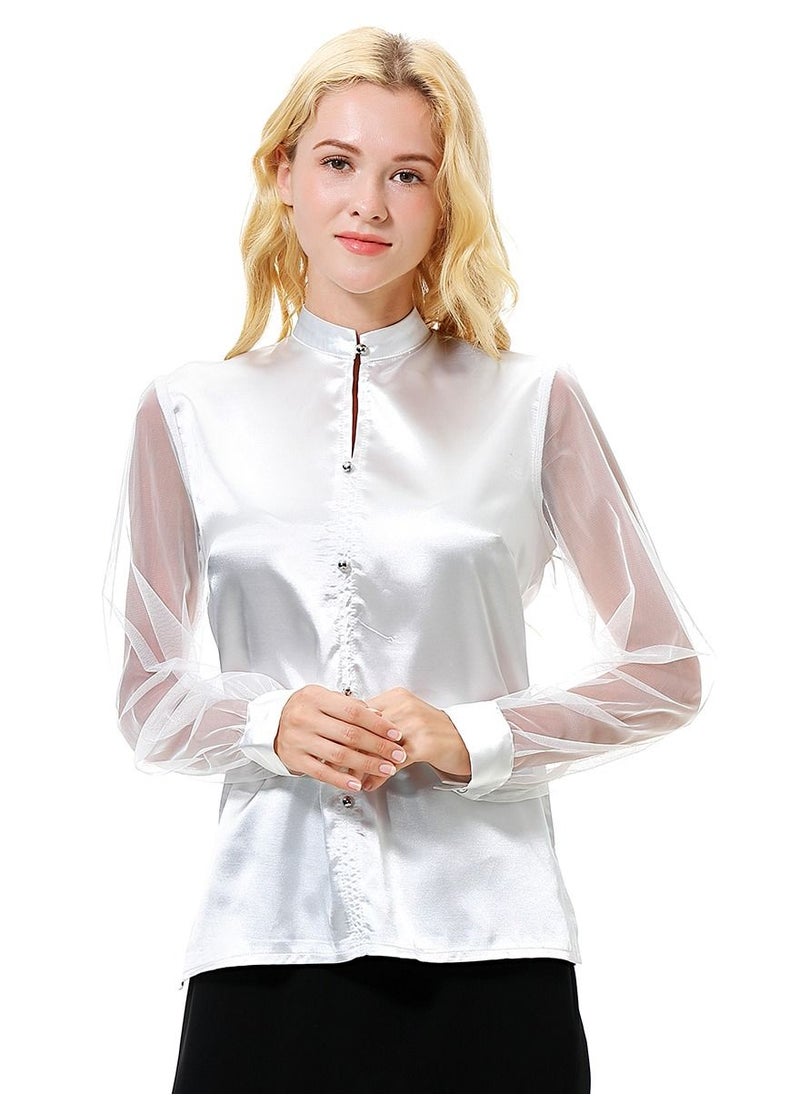 إسكدنيا - Women's Solid Color Imitated Silk Fabric Long Sleeve Blouse Shirt White - Image 1