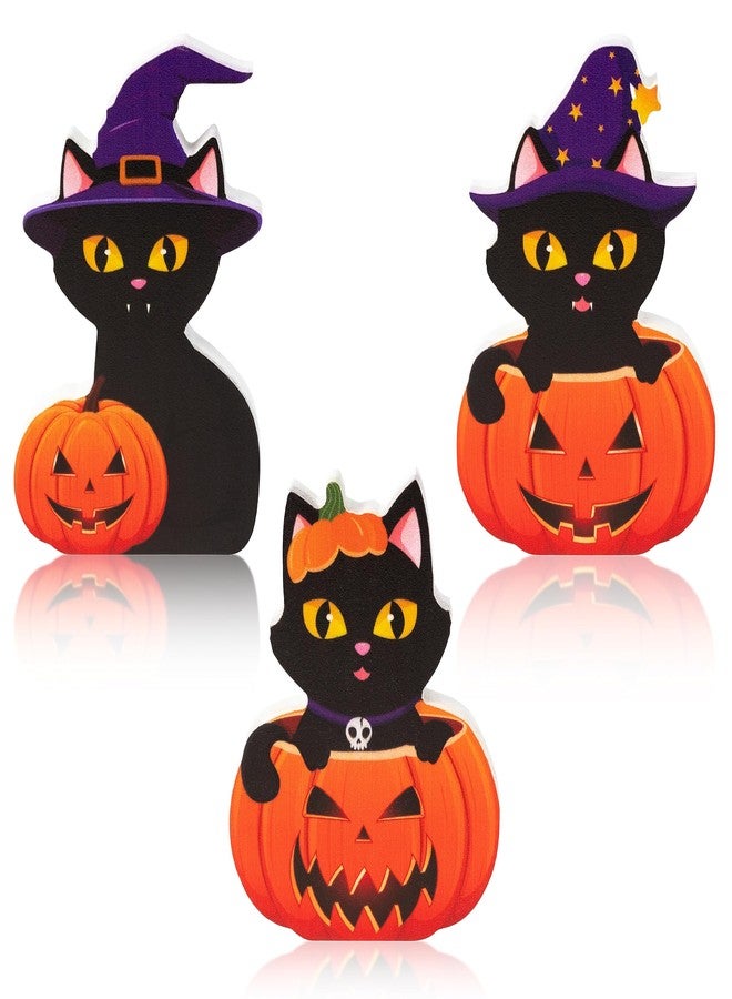 JAPBOR 3Pcs Halloween Wooden Centerpieces Table Decorations, Witch Hat Black Cat Pumpkin Tiered Tray Set Desk Decor, Happy Fall Halloween Party Themed Sign Wood Block Tabletop Décor for Home Kitchen - Image 1