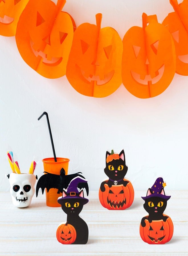 JAPBOR 3Pcs Halloween Wooden Centerpieces Table Decorations, Witch Hat Black Cat Pumpkin Tiered Tray Set Desk Decor, Happy Fall Halloween Party Themed Sign Wood Block Tabletop Décor for Home Kitchen - Image 4