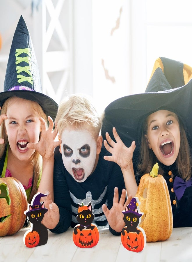 JAPBOR 3Pcs Halloween Wooden Centerpieces Table Decorations, Witch Hat Black Cat Pumpkin Tiered Tray Set Desk Decor, Happy Fall Halloween Party Themed Sign Wood Block Tabletop Décor for Home Kitchen - Image 5