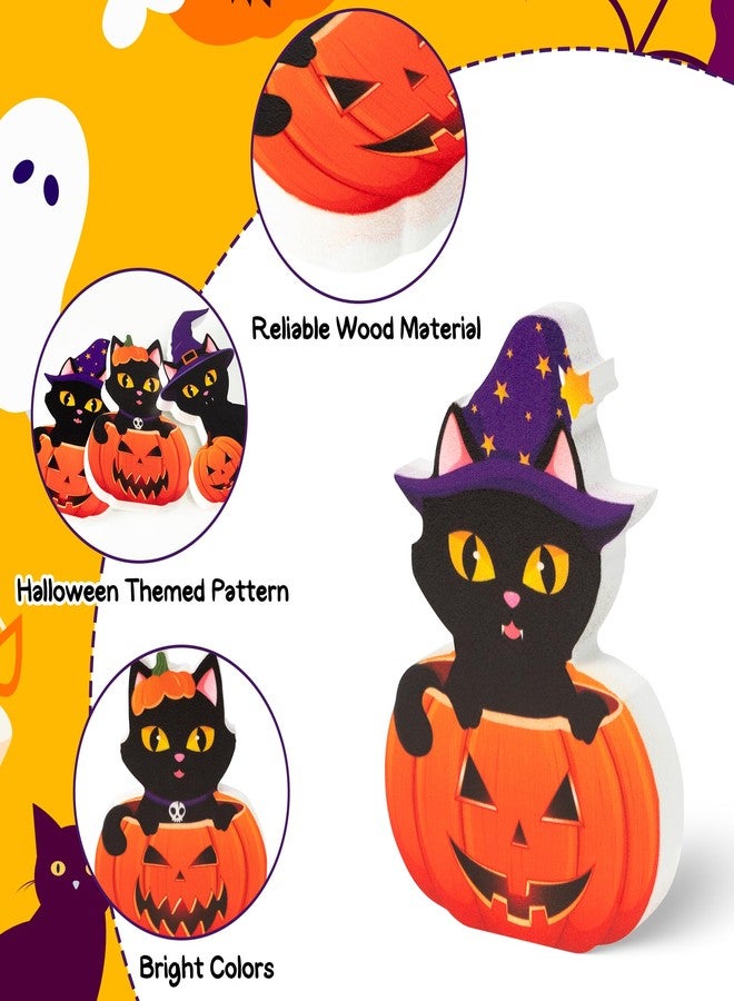 JAPBOR 3Pcs Halloween Wooden Centerpieces Table Decorations, Witch Hat Black Cat Pumpkin Tiered Tray Set Desk Decor, Happy Fall Halloween Party Themed Sign Wood Block Tabletop Décor for Home Kitchen - Image 3