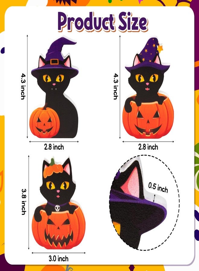 JAPBOR 3Pcs Halloween Wooden Centerpieces Table Decorations, Witch Hat Black Cat Pumpkin Tiered Tray Set Desk Decor, Happy Fall Halloween Party Themed Sign Wood Block Tabletop Décor for Home Kitchen - Image 2