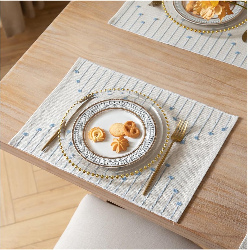 Caflife Placemats Set of 4 for Dining Table Dcor Woven Cloth Place Mats for Farmhouse Kitchen Tabletop Handcrafted Machine Washable Cotton Table mats 13 x 19 Inch Light Blue and Beige - Image 1