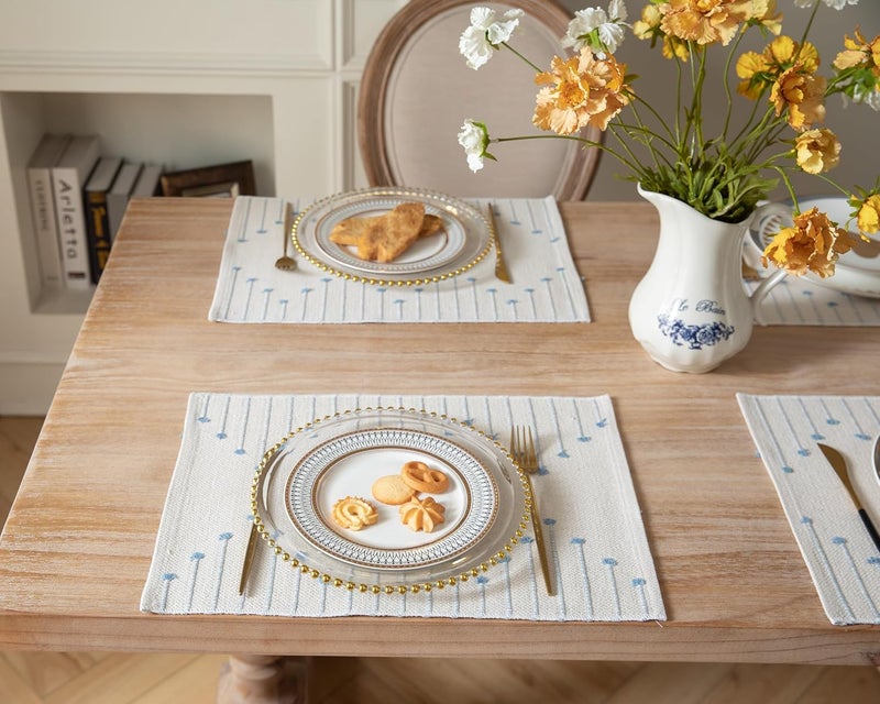 Caflife Placemats Set of 4 for Dining Table Dcor Woven Cloth Place Mats for Farmhouse Kitchen Tabletop Handcrafted Machine Washable Cotton Table mats 13 x 19 Inch Light Blue and Beige - Image 2