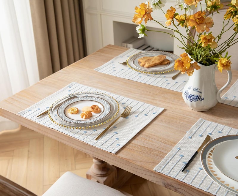 Caflife Placemats Set of 4 for Dining Table Dcor Woven Cloth Place Mats for Farmhouse Kitchen Tabletop Handcrafted Machine Washable Cotton Table mats 13 x 19 Inch Light Blue and Beige - Image 5