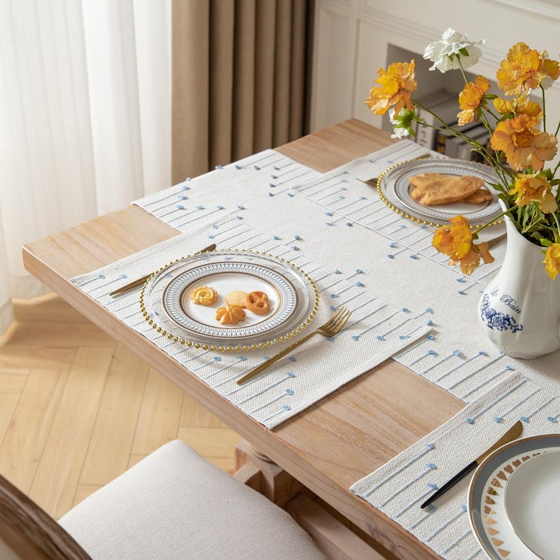 Caflife Placemats Set of 4 for Dining Table Dcor Woven Cloth Place Mats for Farmhouse Kitchen Tabletop Handcrafted Machine Washable Cotton Table mats 13 x 19 Inch Light Blue and Beige - Image 4