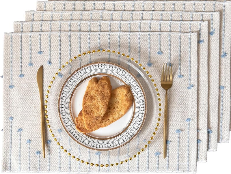 Caflife Placemats Set of 4 for Dining Table Dcor Woven Cloth Place Mats for Farmhouse Kitchen Tabletop Handcrafted Machine Washable Cotton Table mats 13 x 19 Inch Light Blue and Beige - Image 3