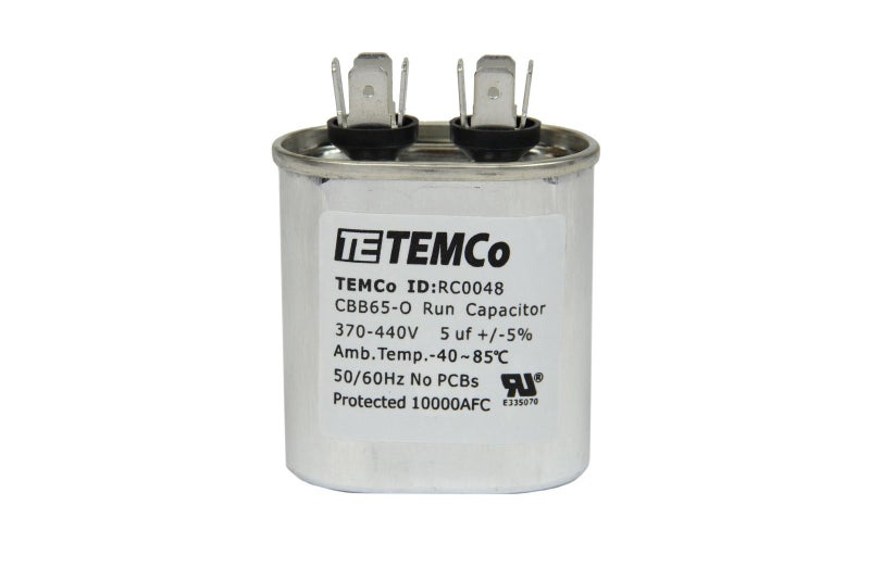 مكثف تشغيل TEMCo 5 ميكروفاراد CBB65 5 MFD 370440 فولت بيضاوي 5060 هرتز لتطبيقات مروحة مكيف الهواء والمروحة