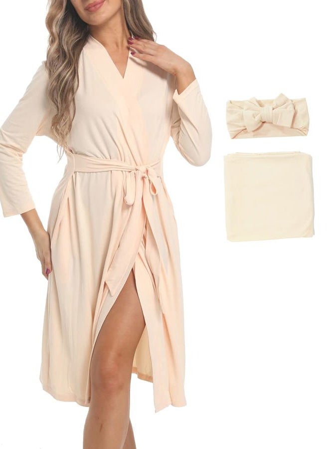 SUFEINI Maternity Robe with Matching Swaddle Blanket Set, Maternity Mommy Bathrobe Postpartum Robe Labor Gown, Aosa F06, M - Image 1