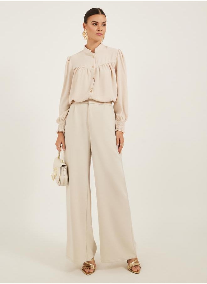 Styli - Textured Band Collar Shirt with Smocked Cuffs - Image 1