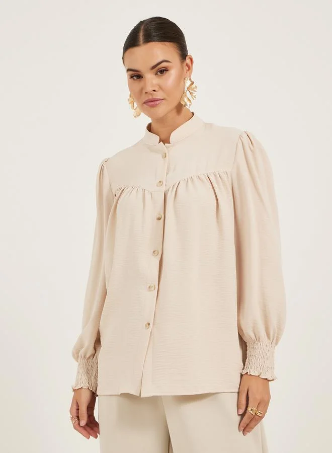 Styli Textured Band Collar Shirt with Smocked Cuffs
