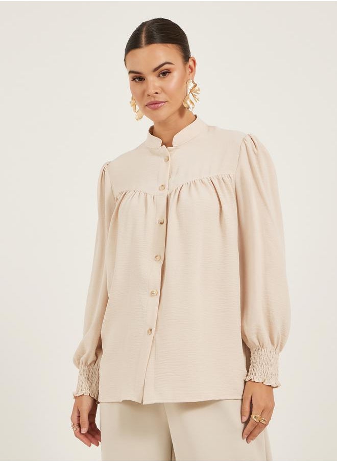 Styli - Textured Band Collar Shirt with Smocked Cuffs - Image 1