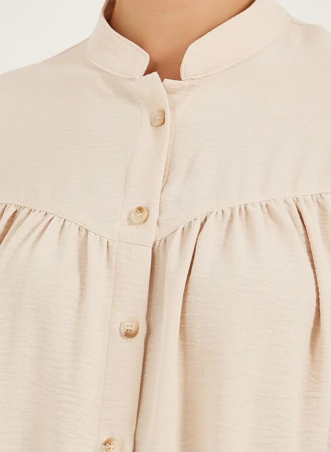 Styli Textured Band Collar Shirt with Smocked Cuffs