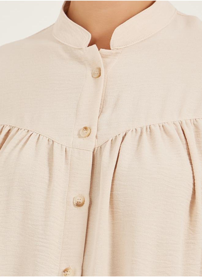 Styli - Textured Band Collar Shirt with Smocked Cuffs - Image 1