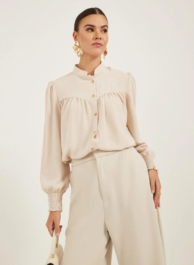 Styli Textured Band Collar Shirt with Smocked Cuffs