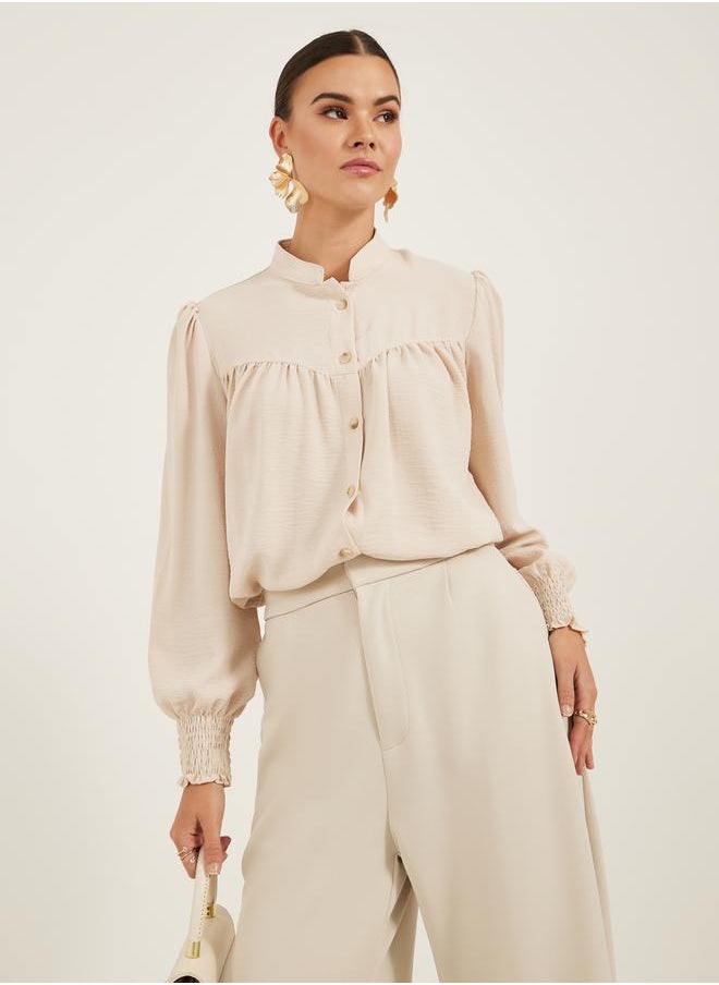 Styli - Textured Band Collar Shirt with Smocked Cuffs - Image 1