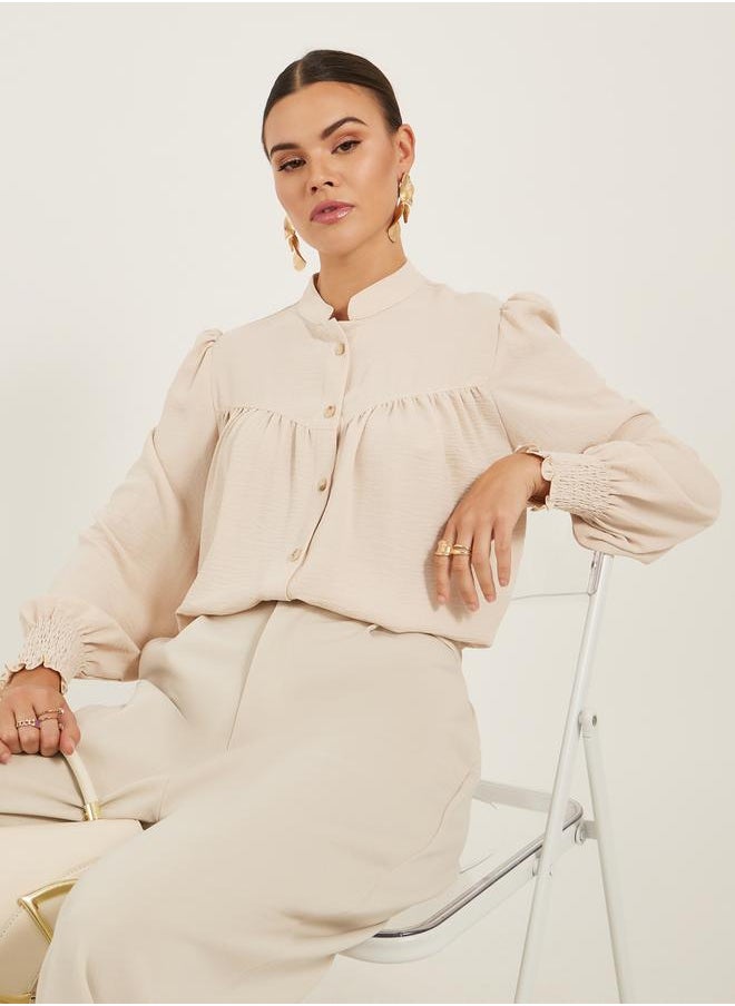 Styli - Textured Band Collar Shirt with Smocked Cuffs - Image 1