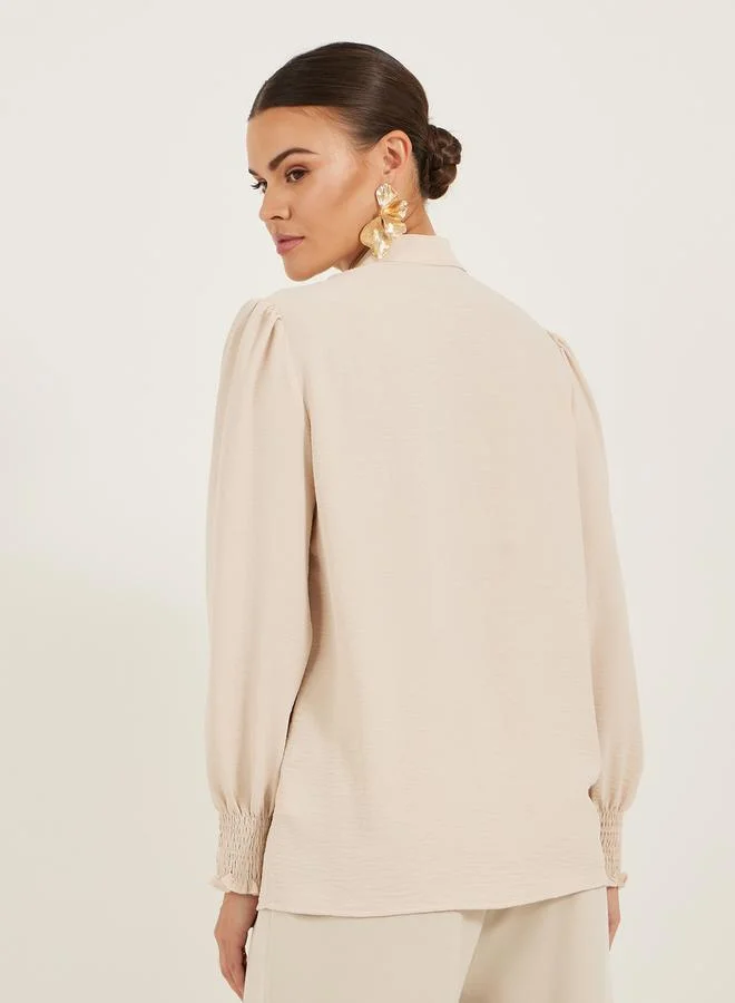 Styli Textured Band Collar Shirt with Smocked Cuffs