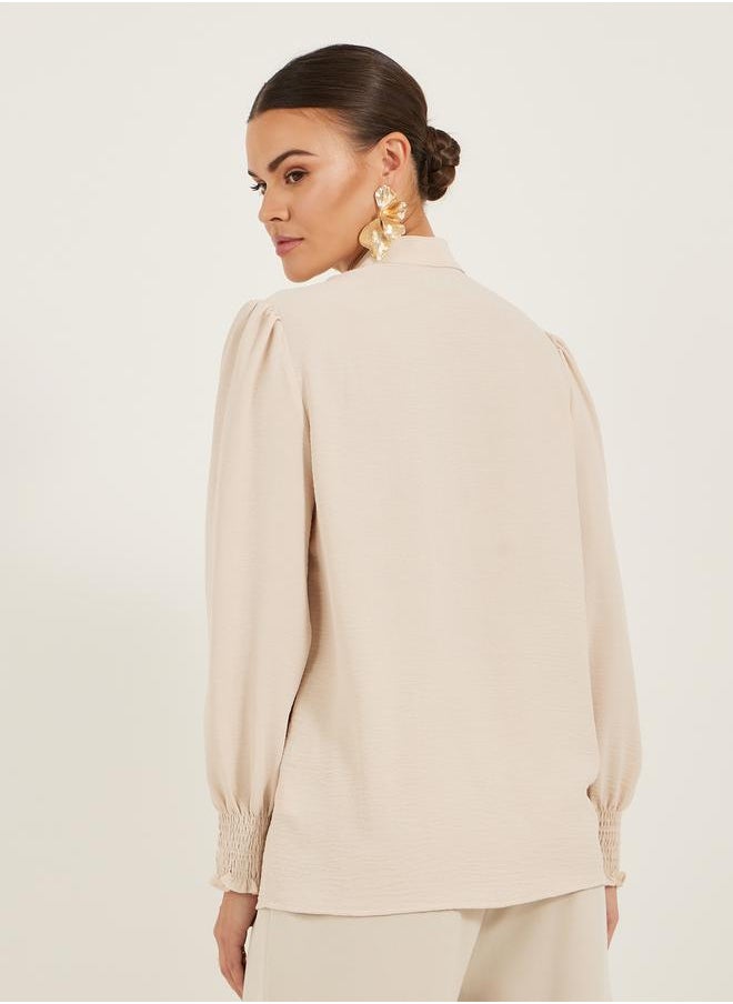 Styli - Textured Band Collar Shirt with Smocked Cuffs - Image 1