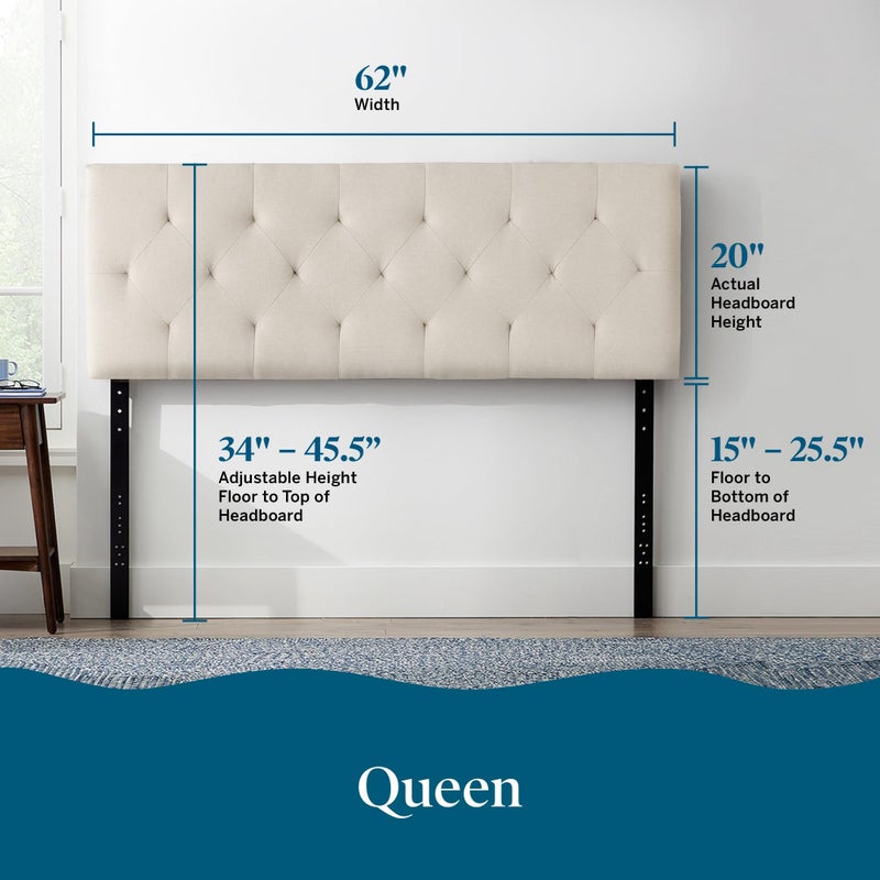 Lucid Mid-Rise Upholstered Headboard - Diamond Tufted - Padded Polyester - Adjustable Height from 34â€ to 46â€ - Easy Assembly - Bed Frame or Wall Mount - Sturdy - Pearl - Queen Size - Image 2