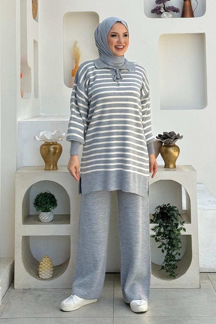 Bym Fashion Collar Tie Detailed Tunic and Trousers Two Piece Knitwear Set 2-1515 Gray  - Image 1