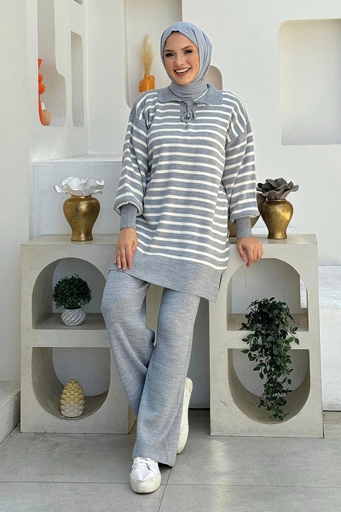 Bym Fashion Collar Tie Detailed Tunic and Trousers Two Piece Knitwear Set 2-1515 Gray  - Image 3