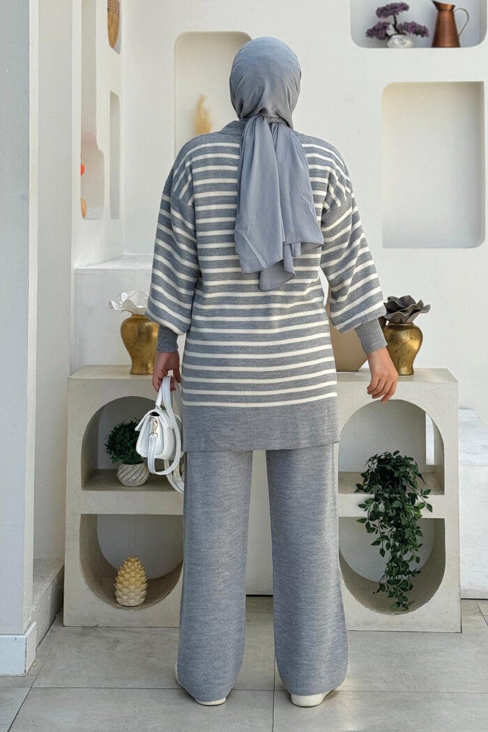 Bym Fashion Collar Tie Detailed Tunic and Trousers Two Piece Knitwear Set 2-1515 Gray  - Image 2
