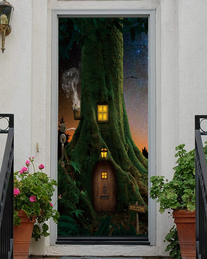 FLFK Door Sticker - Peel and Stick Tree House Door Wallpaper, Removable Self-Adhesive Mural, 30.3"W x 78.7"L, Set of 2 Sheets - Image 1