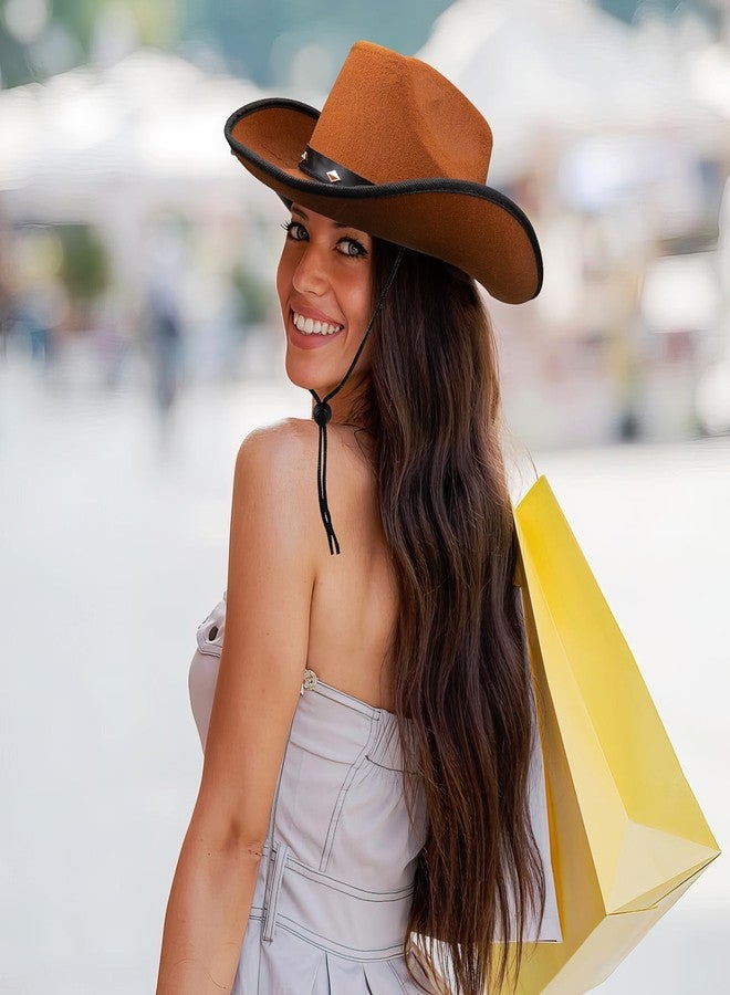 KisSealed 4 Pcs Classic Brown Cowboy Hat,Retro Western Hat Felt Cowgirl Hat with Chin Strap,Wide Brim Cowboy Hat for Men & Women - Image 4