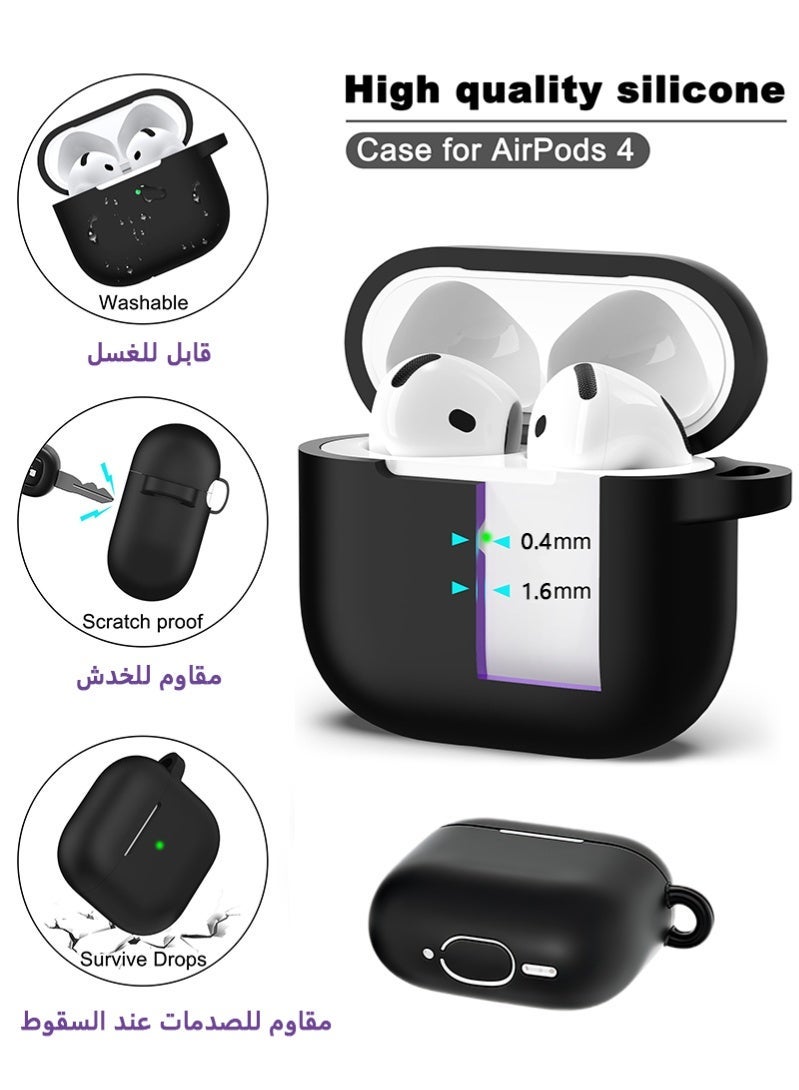 زَافِرَة جراب سماعه ايربودز 4 مع مجموعة تنظيف - كفر سماعات ايربودز 4 من السيليكون الناعم مزود بسلسلة مفاتيح، يضمن حماية شاملة كاملة، متوافق مع Apple Airpods 4th Generation، باللون الأسود - Image 4