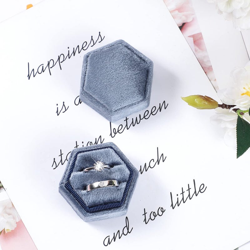 Etercycle Velvet Jewelry Ring Box, Hexagon Premium Gorgeous Vintage Double Ring Gift Box with Detachable Lid for Proposal Engagement Wedding Ceremony(Haze Blue) - Image 4