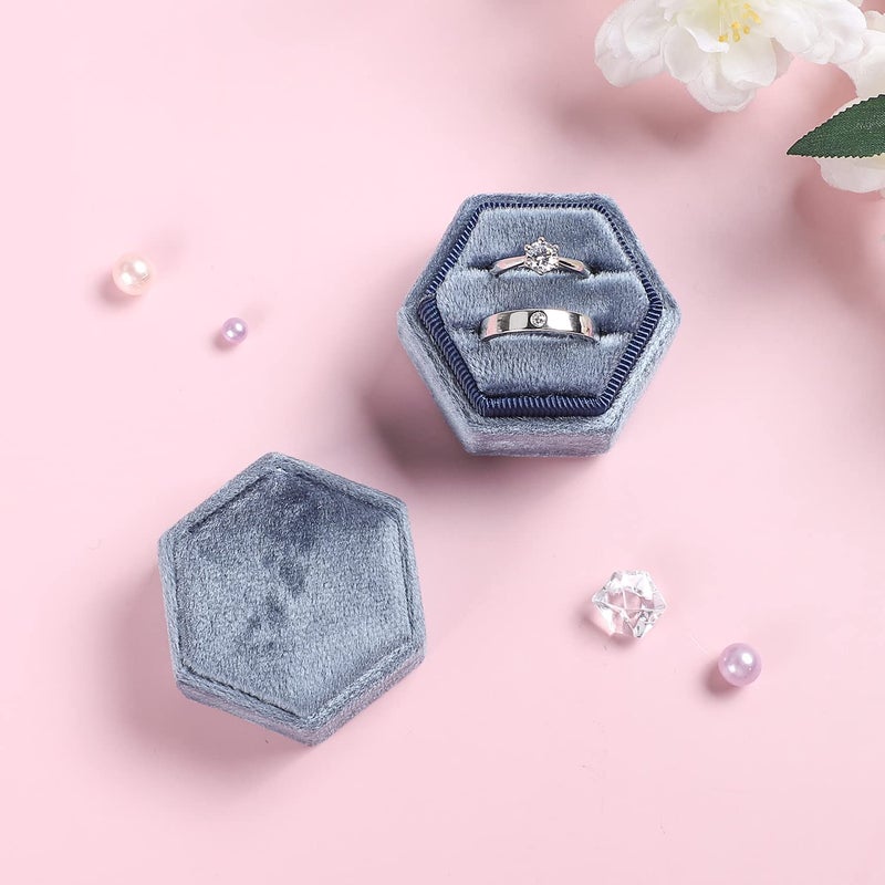 Etercycle Velvet Jewelry Ring Box, Hexagon Premium Gorgeous Vintage Double Ring Gift Box with Detachable Lid for Proposal Engagement Wedding Ceremony(Haze Blue) - Image 5