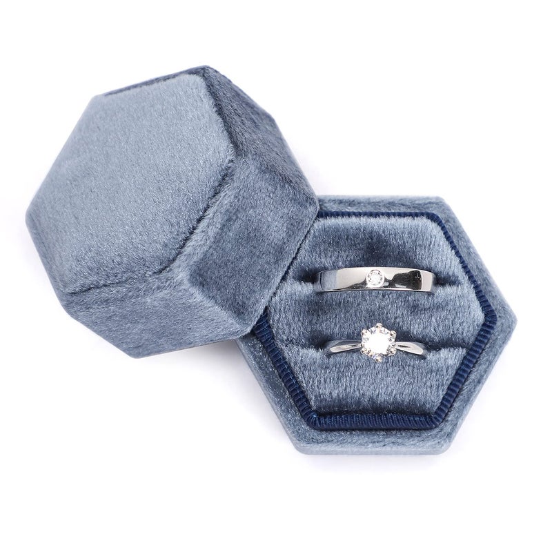 Etercycle Velvet Jewelry Ring Box, Hexagon Premium Gorgeous Vintage Double Ring Gift Box with Detachable Lid for Proposal Engagement Wedding Ceremony(Haze Blue) - Image 1