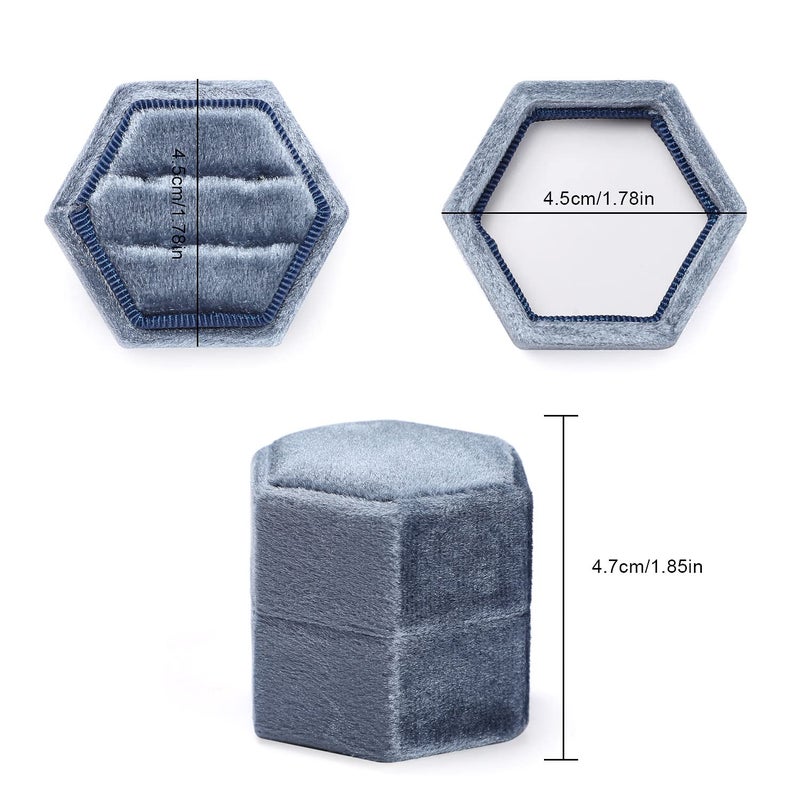 Etercycle Velvet Jewelry Ring Box, Hexagon Premium Gorgeous Vintage Double Ring Gift Box with Detachable Lid for Proposal Engagement Wedding Ceremony(Haze Blue) - Image 2