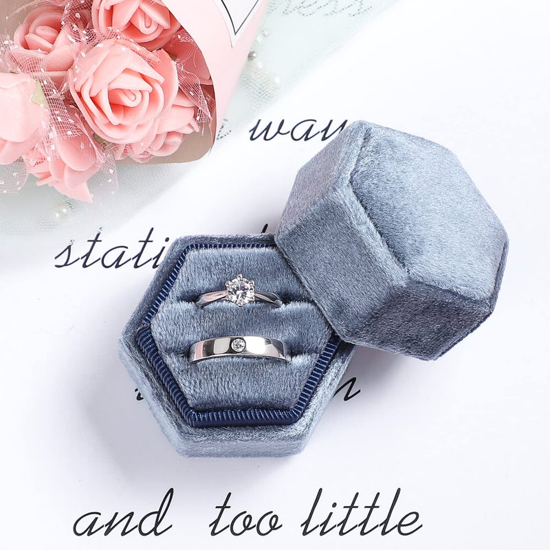 Etercycle Velvet Jewelry Ring Box, Hexagon Premium Gorgeous Vintage Double Ring Gift Box with Detachable Lid for Proposal Engagement Wedding Ceremony(Haze Blue) - Image 3