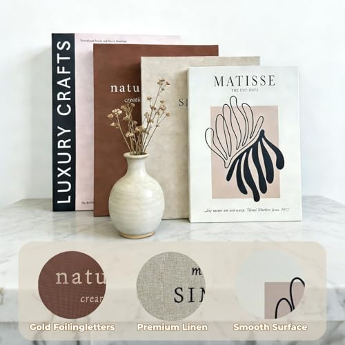 Jorivel 4PCS Decorative Book w/Wood Knot & Gold Ginkgo Leaf Statue, Book Shelf Decor Minimalist Linen Hardcover Faux/Fake Books for Coffee Table Home Decor Living Room Decoration, Photo Storage - Image 3