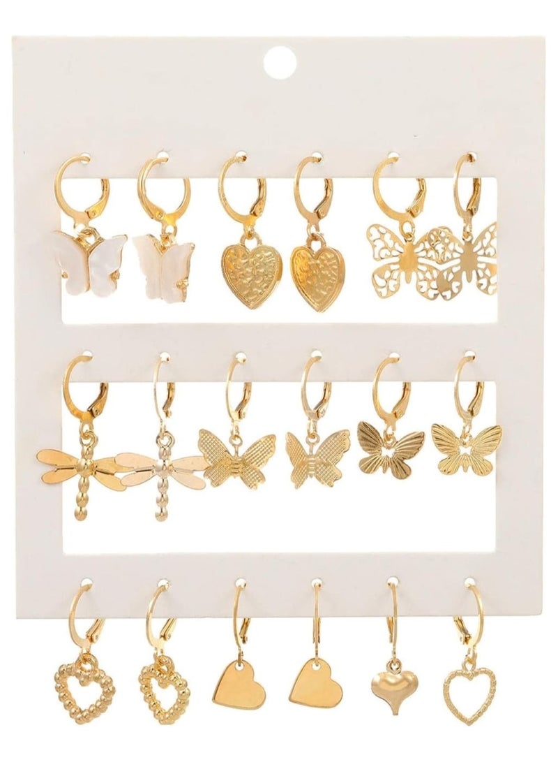 Huitich Elegant Gold Colour Tone Dangle Earrings Set - 9 Pairs with Butterfly & Heart Motifs  - Image 1